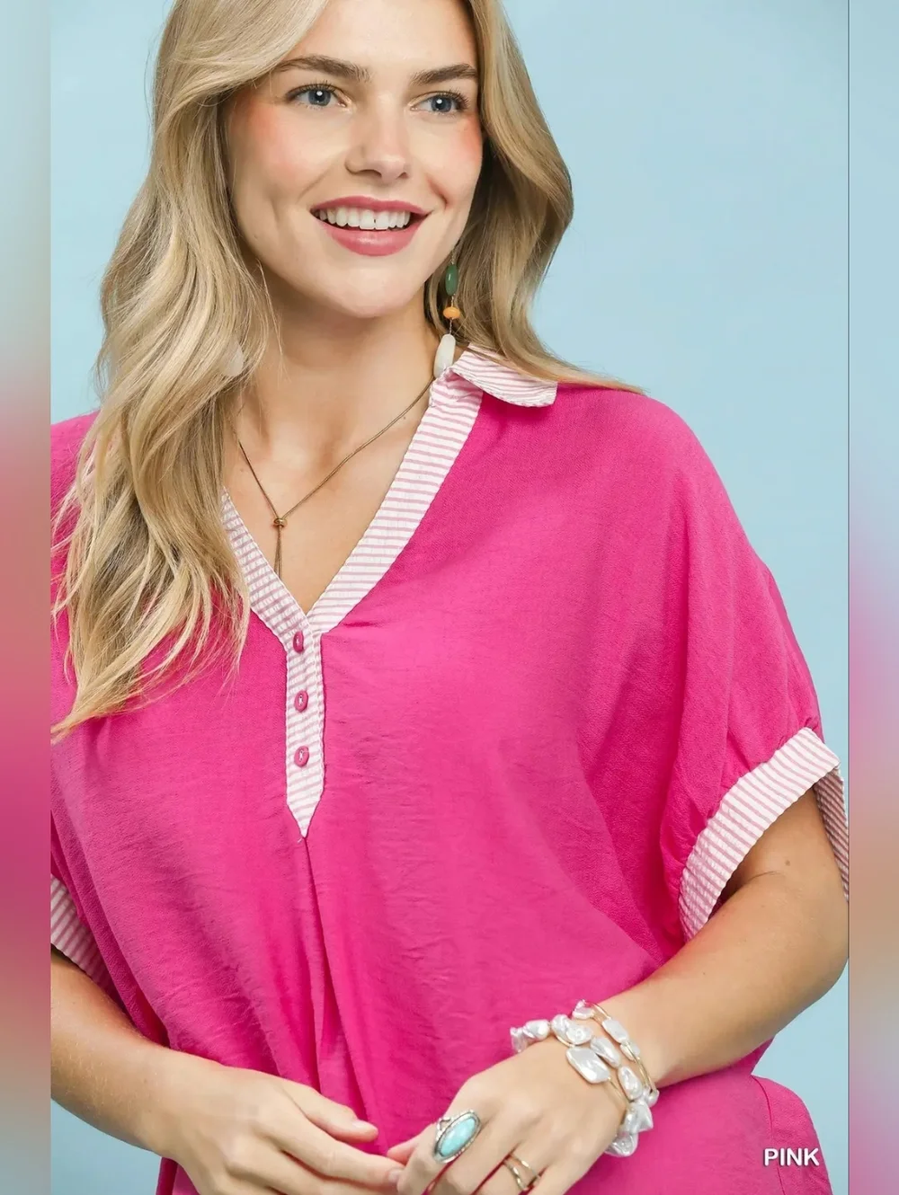 Umgee Oversized Contrast Stripe Trim Top - Picture 5 of 7